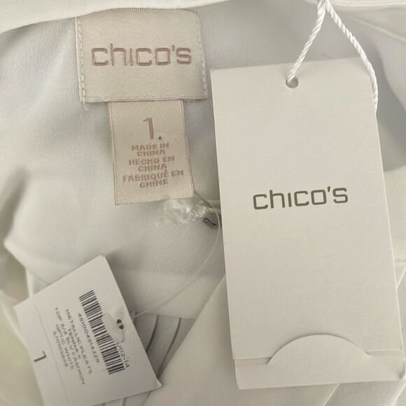 Chico’s Metallic Pleats Tenna II 3/4 Sleeve Blouse 1 Optic White Silver - Picture 8 of 16